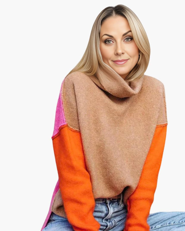 Women's Colorblock Knit Sweater with High Collar