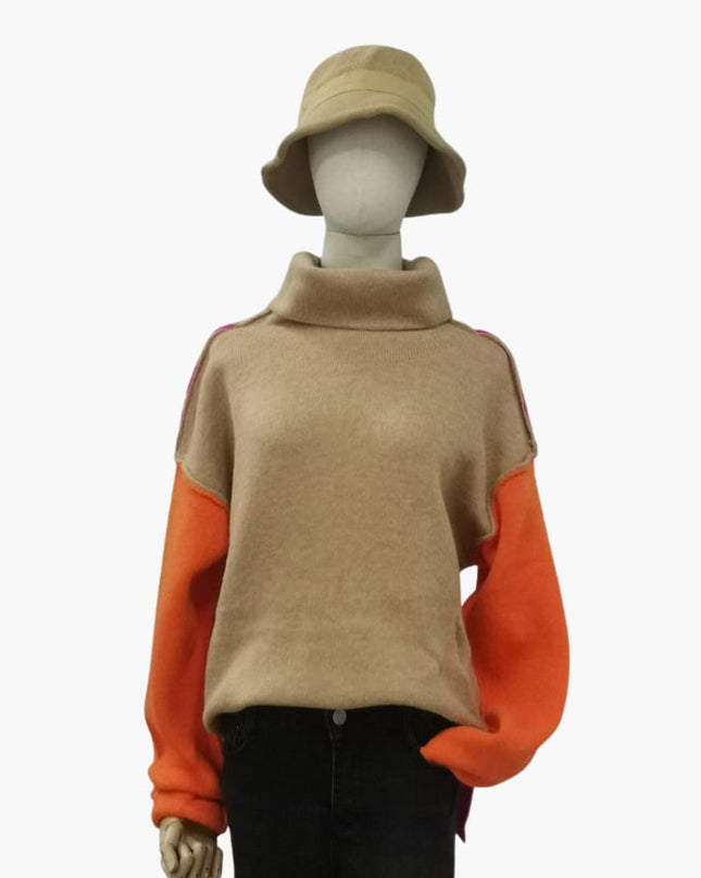 Women's Colorblock Knit Sweater with High Collar