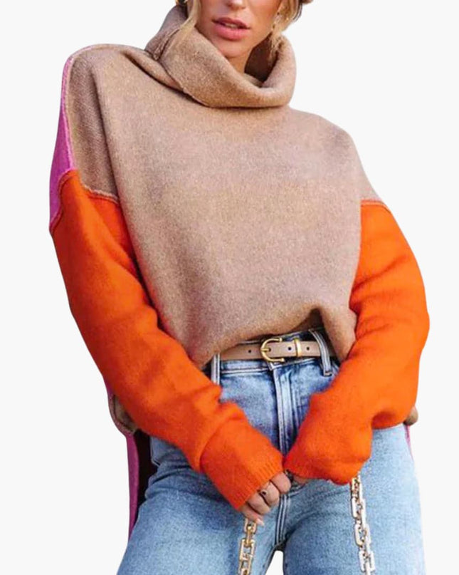 Women's Colorblock Knit Sweater with High Collar