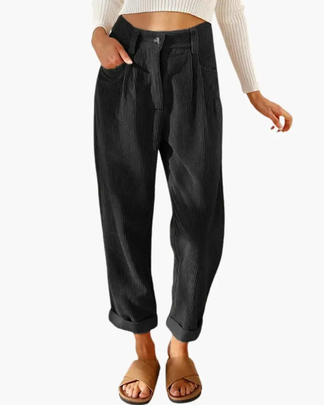 Women's Corduroy Pants with Waistband and Front Closure