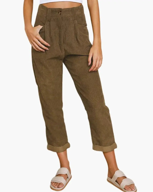 Women's Corduroy Pants with Waistband and Front Closure