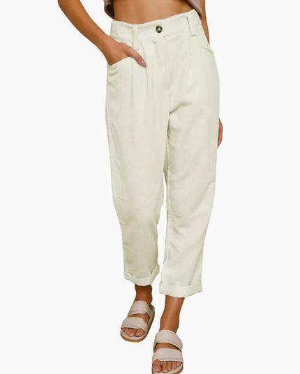 Women's Corduroy Pants with Waistband and Front Closure