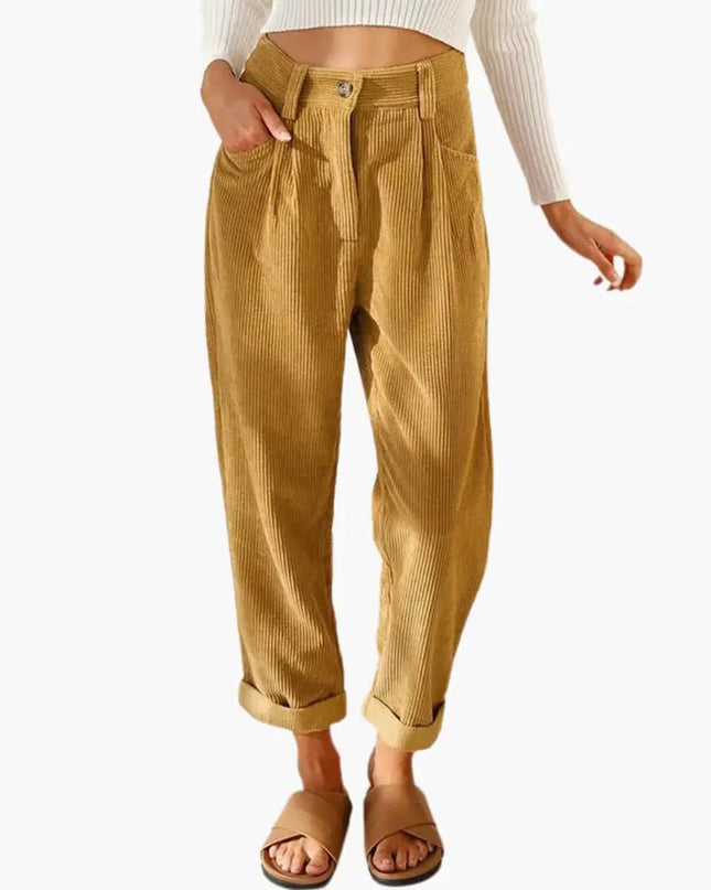 Women's Corduroy Pants with Waistband and Front Closure