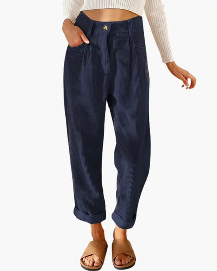 Women's Corduroy Pants with Waistband and Front Closure