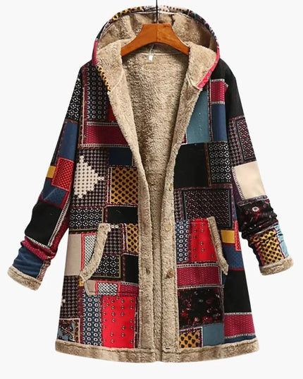 Women's Hooded Jacket with Buttons and Patchwork Surface