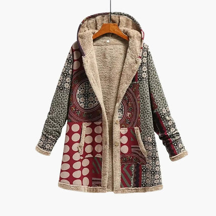Women's Hooded Jacket with Buttons and Patchwork Surface