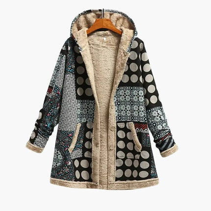 Women's Hooded Jacket with Buttons and Patchwork Surface