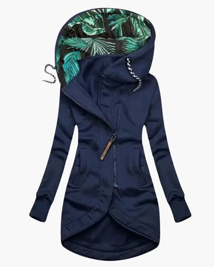 Women's Hooded Jacket with Asymmetrical Zipper and Front Pockets