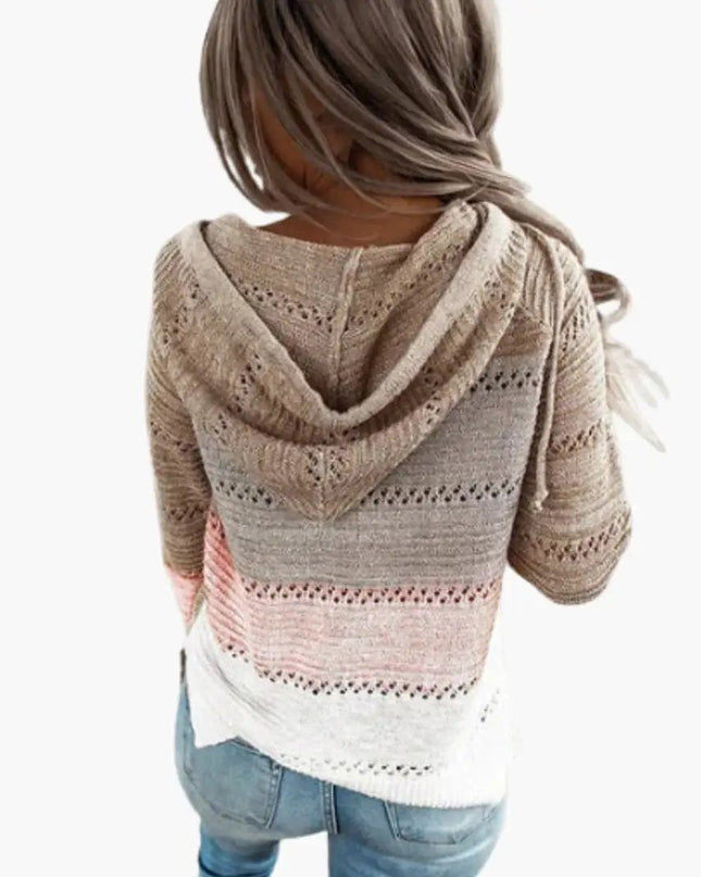 Women's Hooded Sweater with Stripes and Long Sleeves