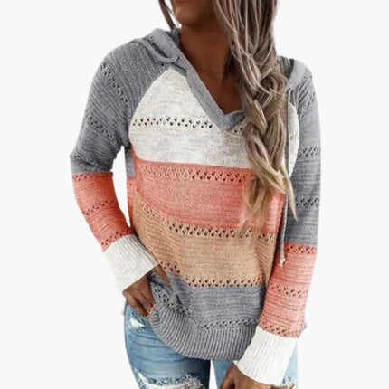 Women's Hooded Sweater with Stripes and Long Sleeves