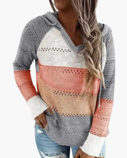 Women's Hooded Sweater with Stripes and Long Sleeves