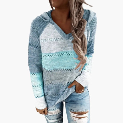 Women's Hooded Sweater with Stripes and Long Sleeves