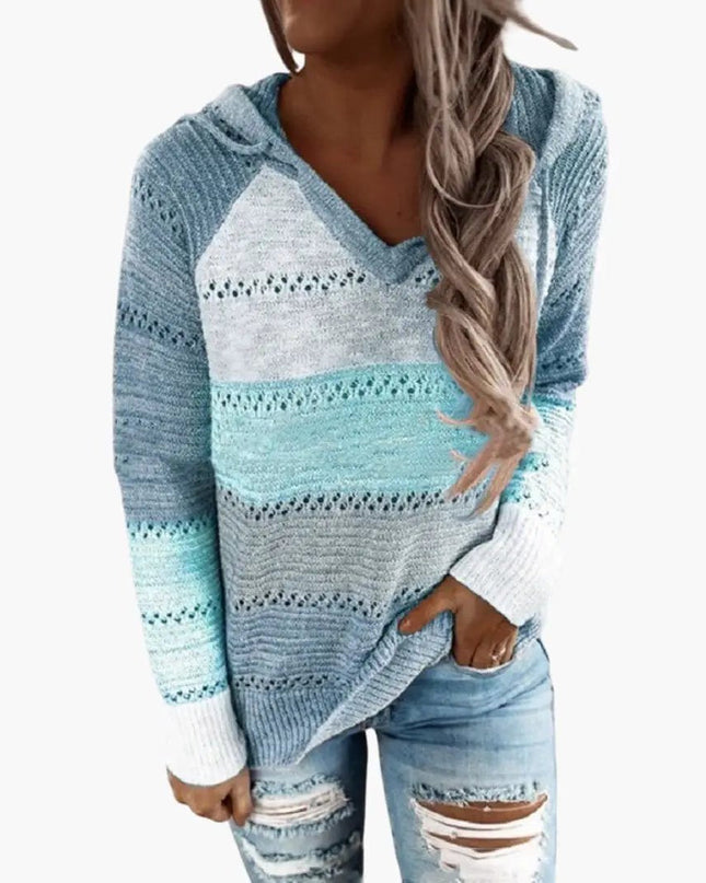 Women's Hooded Sweater with Stripes and Long Sleeves