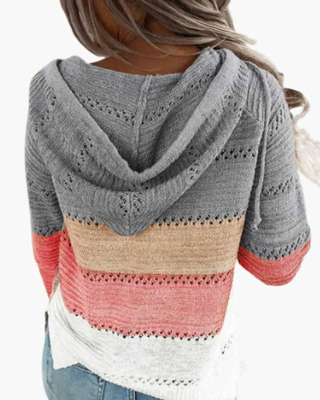 Women's Hooded Sweater with Stripes and Long Sleeves