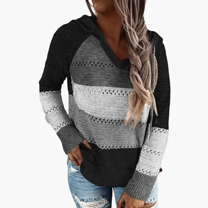 Women's Hooded Sweater with Stripes and Long Sleeves
