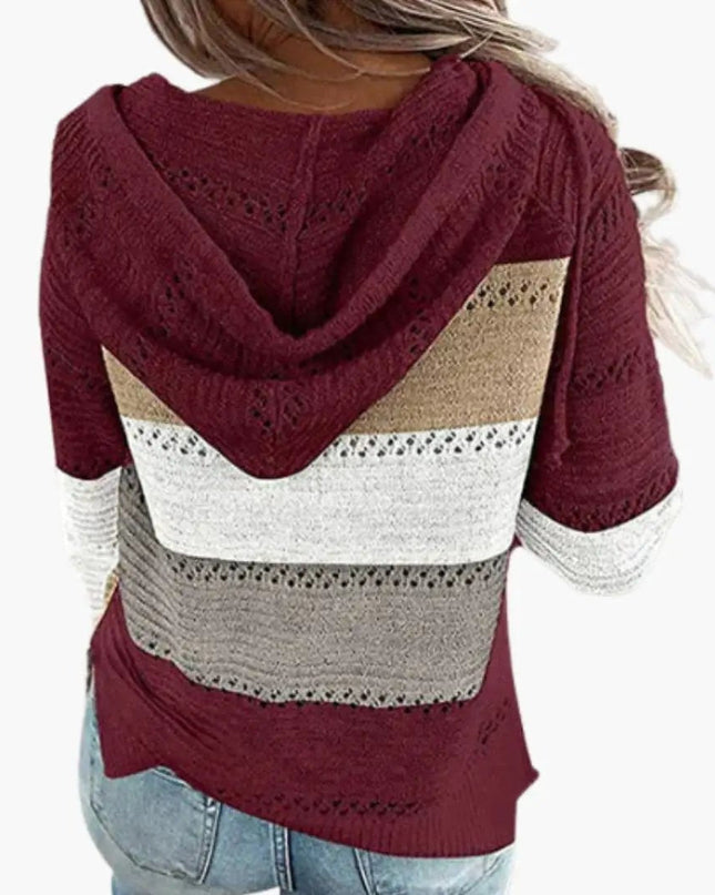 Women's Hooded Sweater with Stripes and Long Sleeves