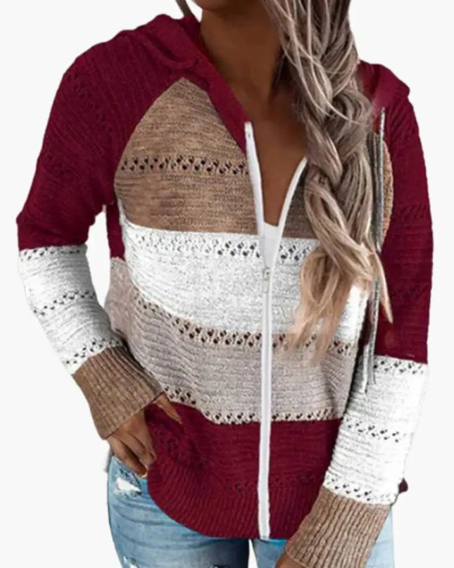 Women's Hooded Sweater with Stripes and Long Sleeves