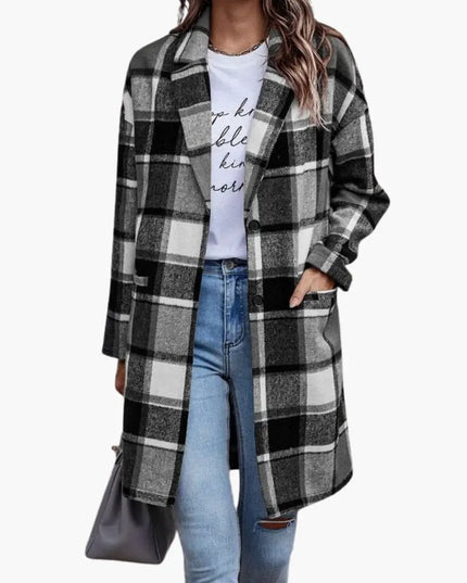 Women's Check Jacket with Front Buttons and Long Sleeves