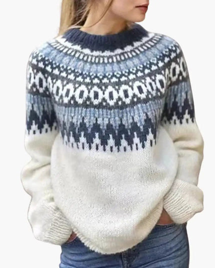 Women's Sweater with Round Neckline and Patterned Yoke