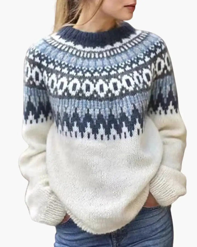 Women's Sweater with Round Neckline and Patterned Yoke