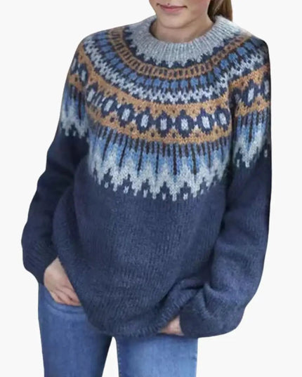 Women's Sweater with Round Neckline and Patterned Yoke