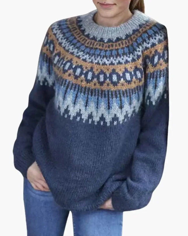 Women's Sweater with Round Neckline and Patterned Yoke