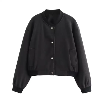 Women’s Short Bomber Jacket with Front Button Closure and Side Pockets