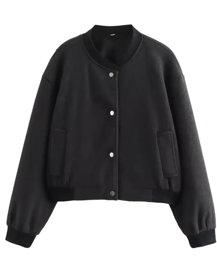 Women’s Short Bomber Jacket with Front Button Closure and Side Pockets