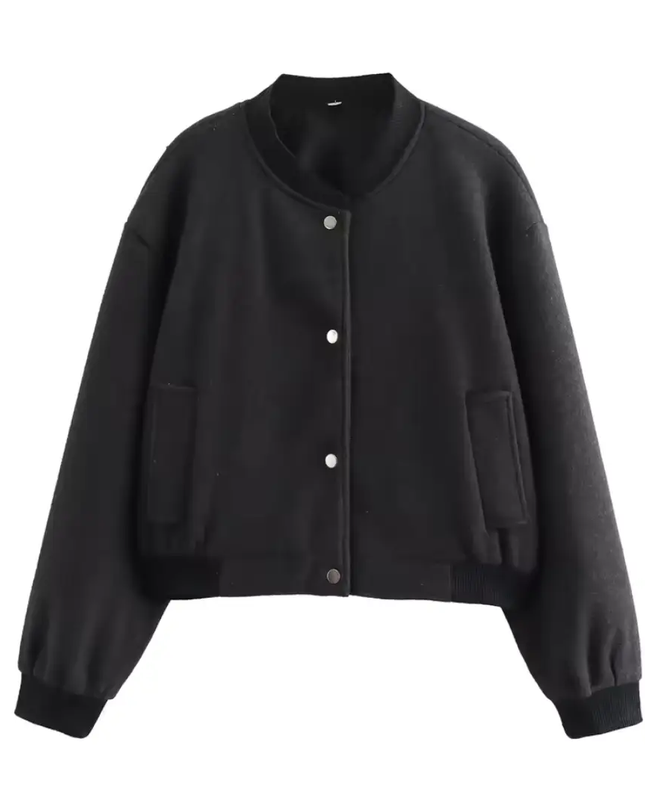 Women’s Short Bomber Jacket with Front Button Closure and Side Pockets