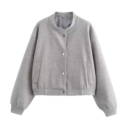 Women’s Short Bomber Jacket with Front Button Closure and Side Pockets
