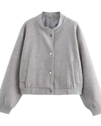 Women’s Short Bomber Jacket with Front Button Closure and Side Pockets