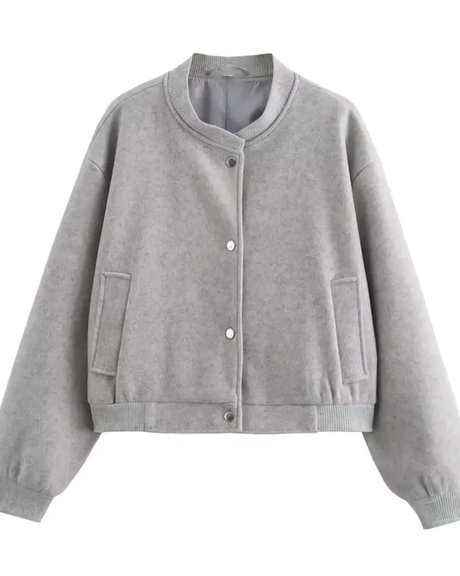 Women’s Short Bomber Jacket with Front Button Closure and Side Pockets