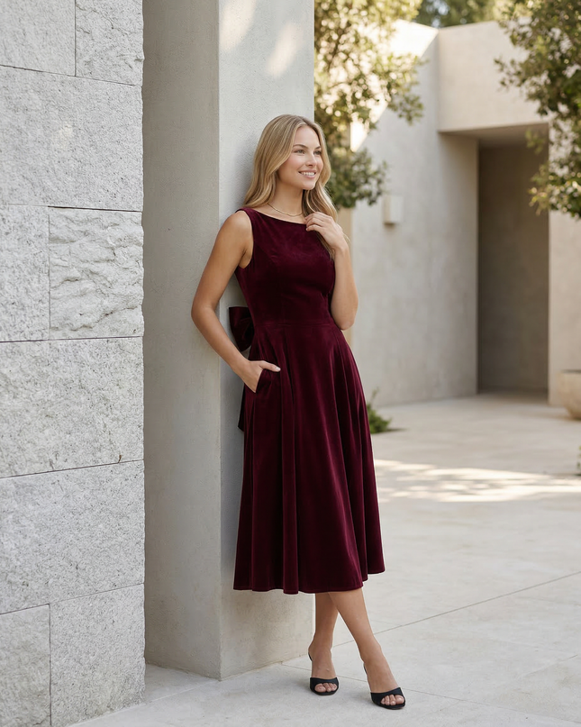 Vivienne | Midi Dress with Open Back and Bow Detail