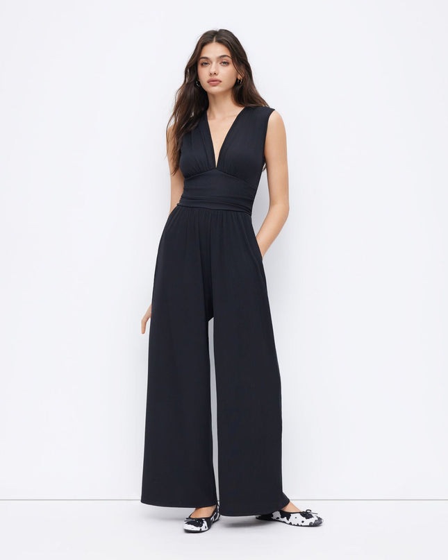 Eleanor | V-neck Ruched Solid Wide Leg Jumpsuit