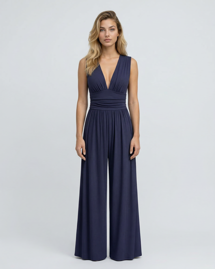 Eleanor | V-neck Ruched Solid Wide Leg Jumpsuit