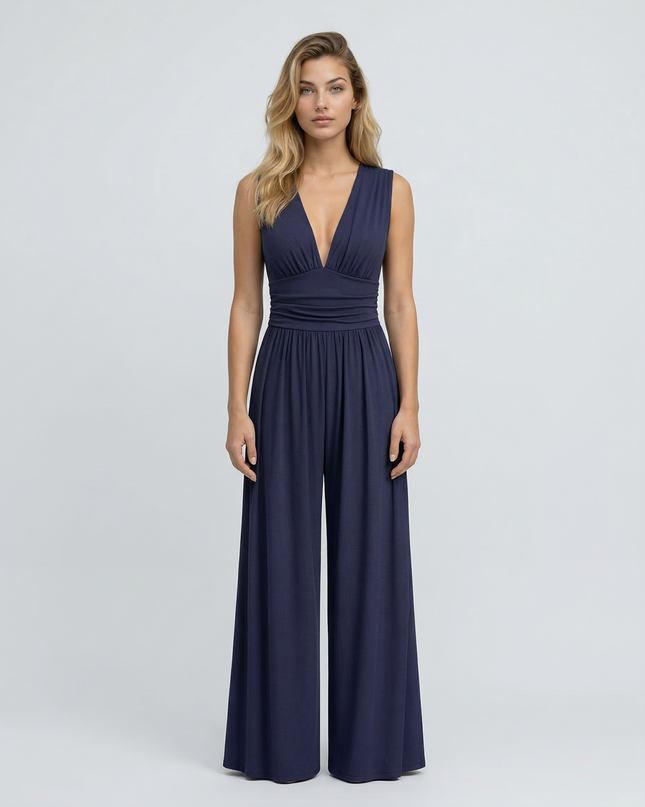 Eleanor | V-neck Ruched Solid Wide Leg Jumpsuit