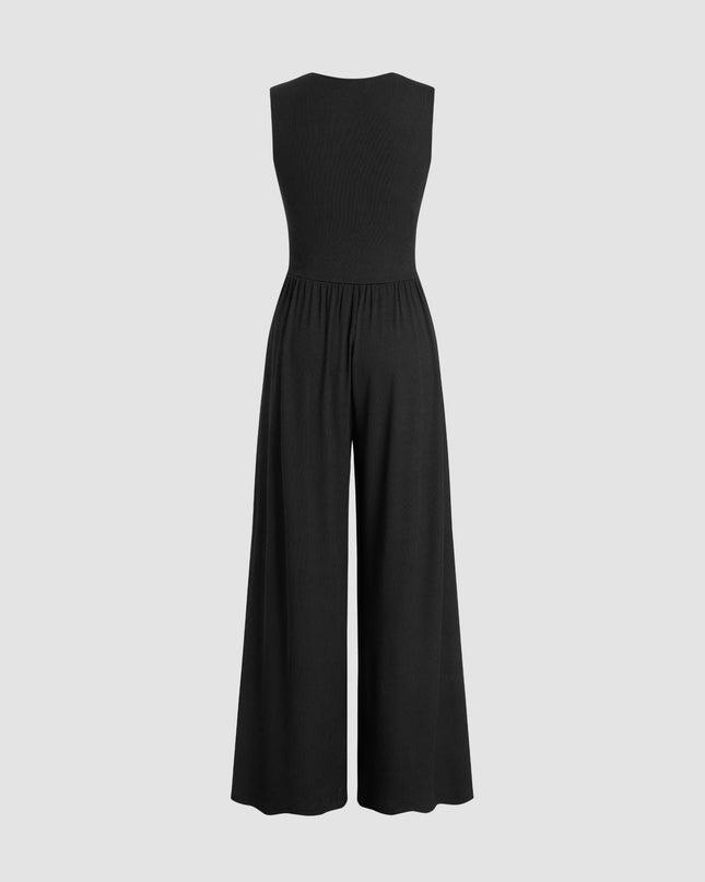 Eleanor | V-neck Ruched Solid Wide Leg Jumpsuit