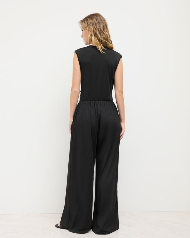 Eleanor | V-neck Ruched Solid Wide Leg Jumpsuit