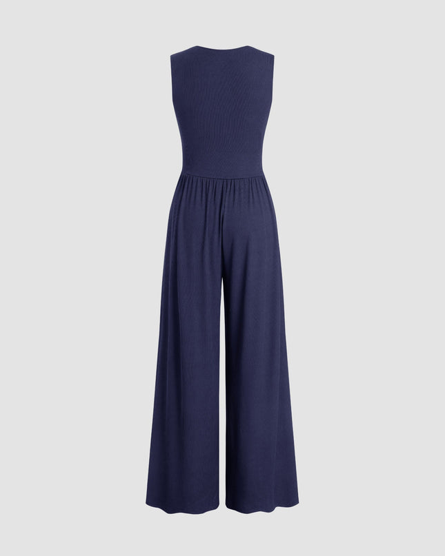Eleanor | V-neck Ruched Solid Wide Leg Jumpsuit