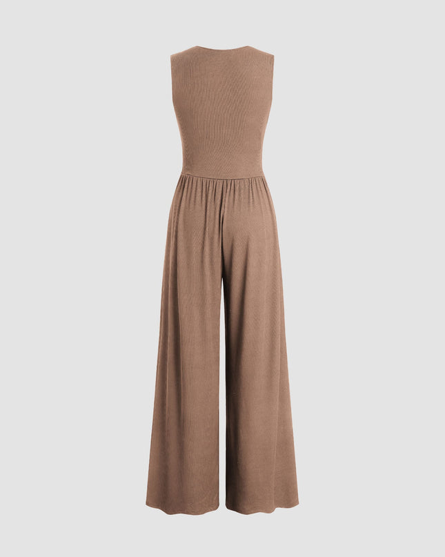 Eleanor | V-neck Ruched Solid Wide Leg Jumpsuit