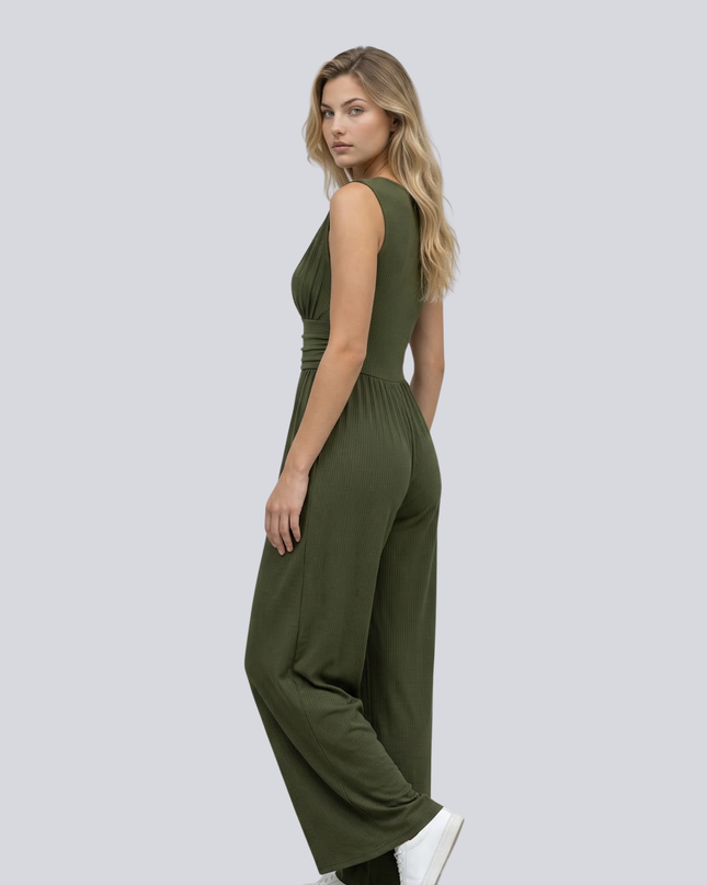 Eleanor | V-neck Ruched Solid Wide Leg Jumpsuit