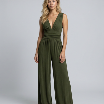 Eleanor | V-neck Ruched Solid Wide Leg Jumpsuit