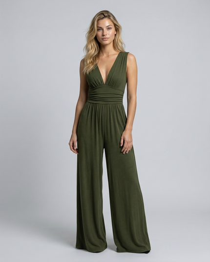 Eleanor | V-neck Ruched Solid Wide Leg Jumpsuit