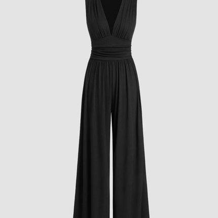 Eleanor | V-neck Ruched Solid Wide Leg Jumpsuit