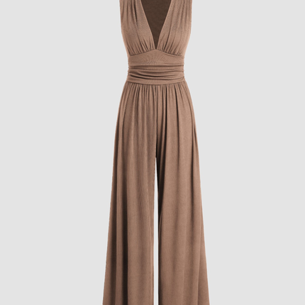 Eleanor | V-neck Ruched Solid Wide Leg Jumpsuit