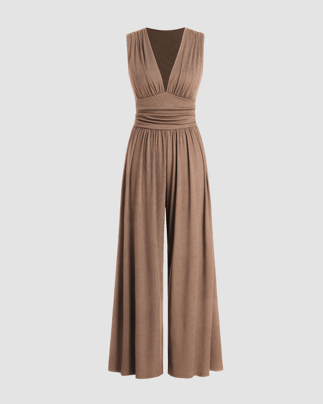 Eleanor | V-neck Ruched Solid Wide Leg Jumpsuit