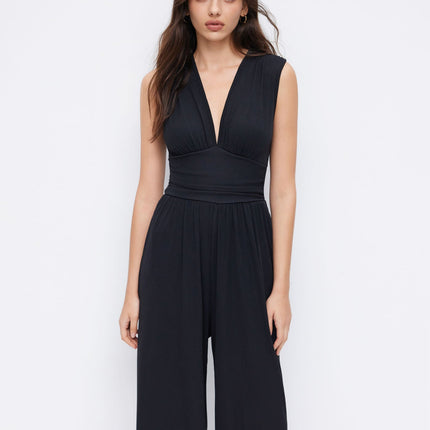 Eleanor | V-neck Ruched Solid Wide Leg Jumpsuit