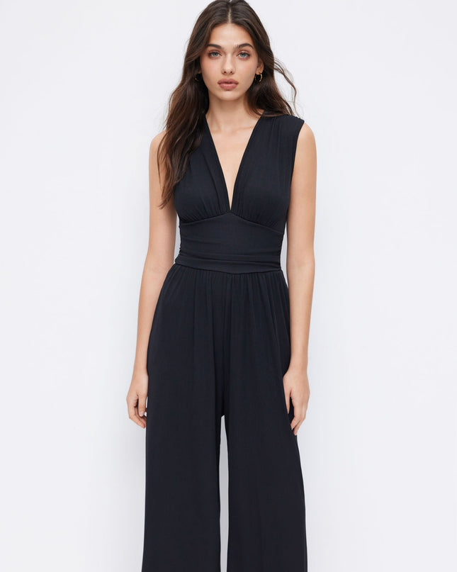 Eleanor | V-neck Ruched Solid Wide Leg Jumpsuit