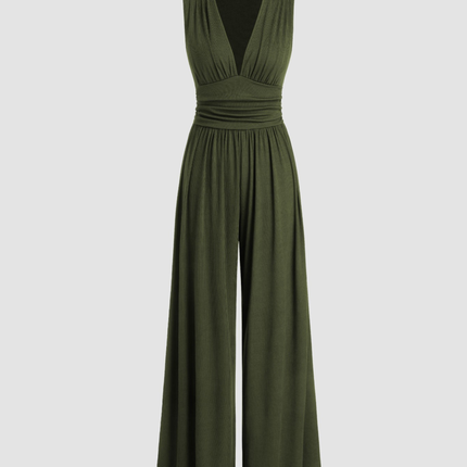 Eleanor | V-neck Ruched Solid Wide Leg Jumpsuit