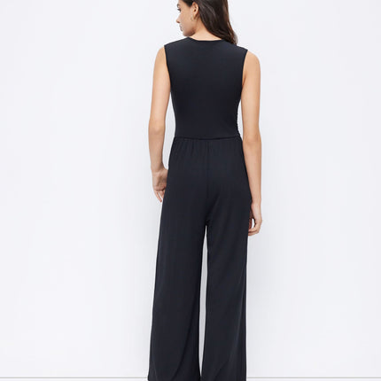 Eleanor | V-neck Ruched Solid Wide Leg Jumpsuit